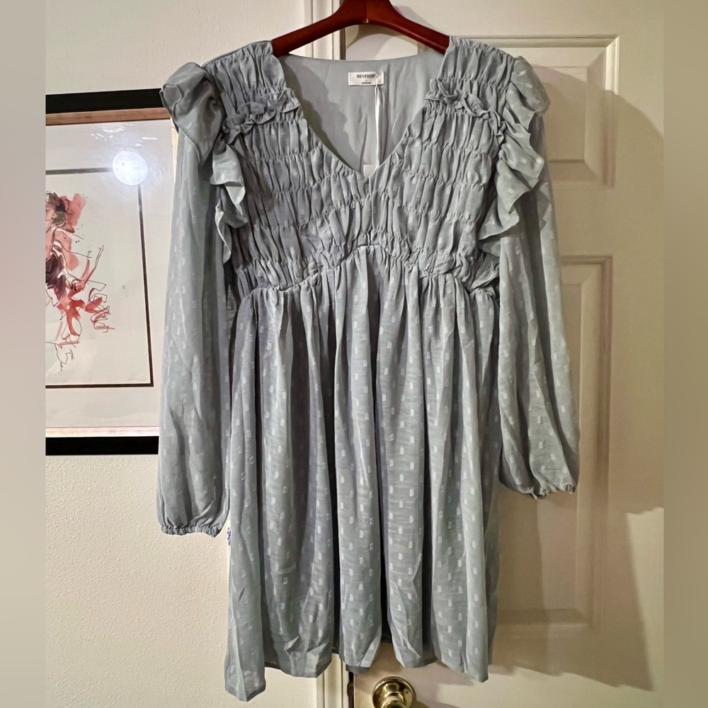 Blue Ruched V-Neck Dress